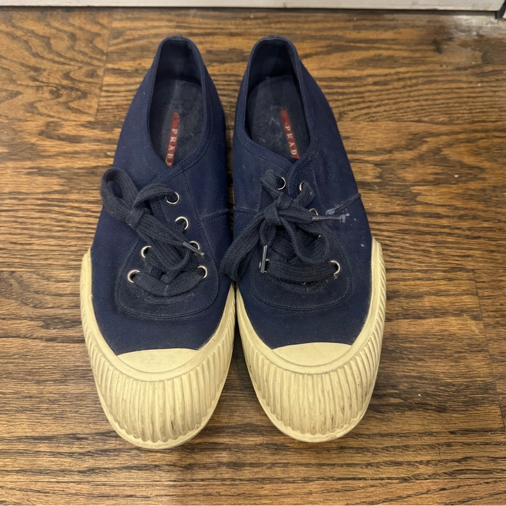 Prada Navy Canvas Sneakers with Tan Soles